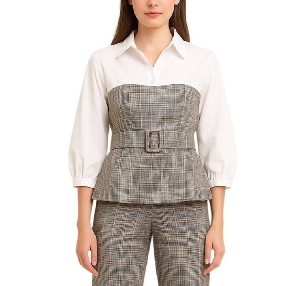 New York & Co White Plaid Corset Peplum Belted Shirt Top S Preppy Academia 62-01